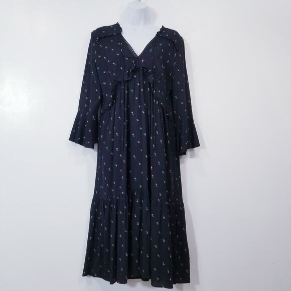 LOFT Floral Print Bell Sleeves Ruffle Midi Dress - Picture 1 of 11